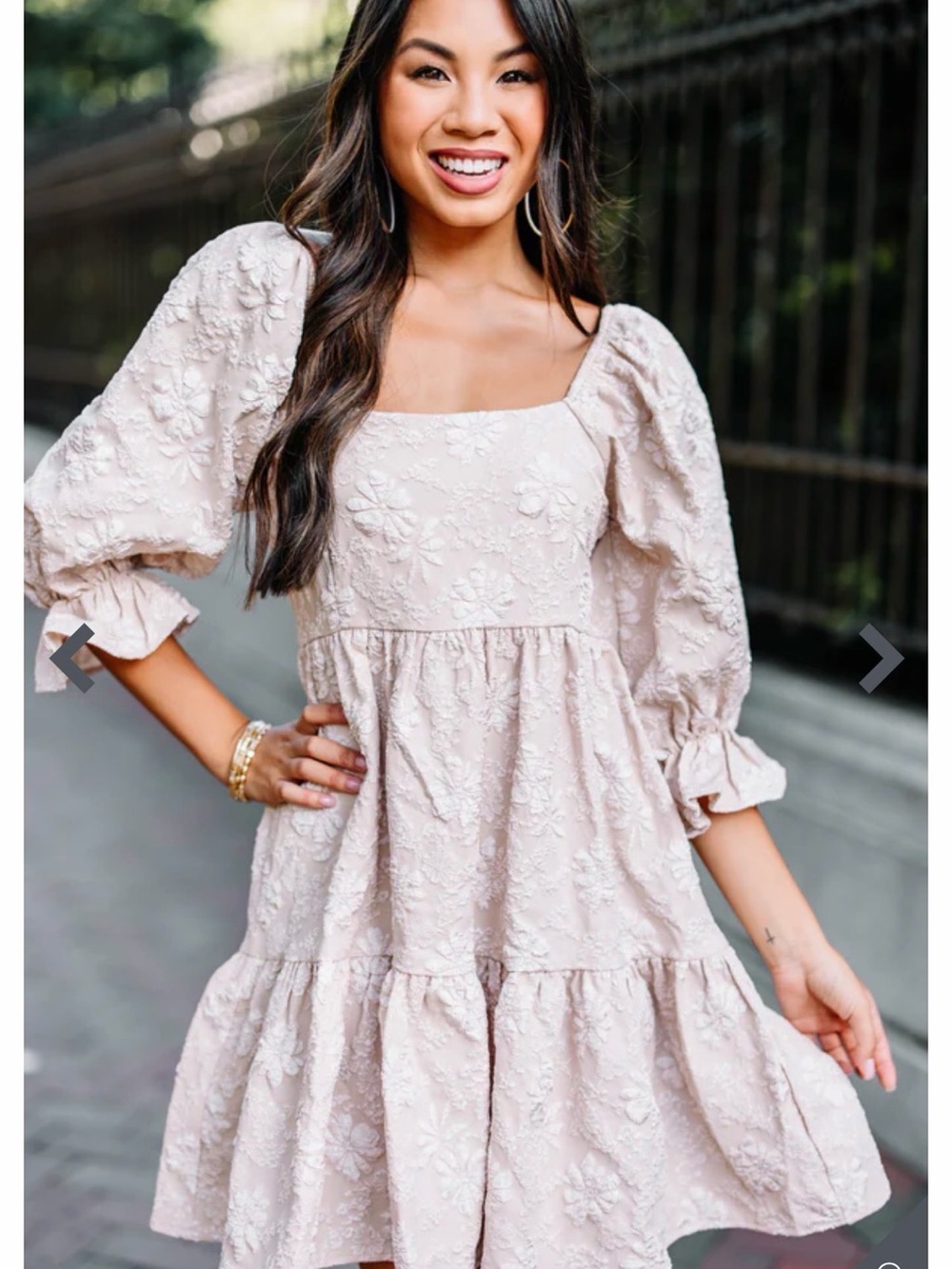 entro Embroidered Square-Neck Tiered Mini Dress in Tan